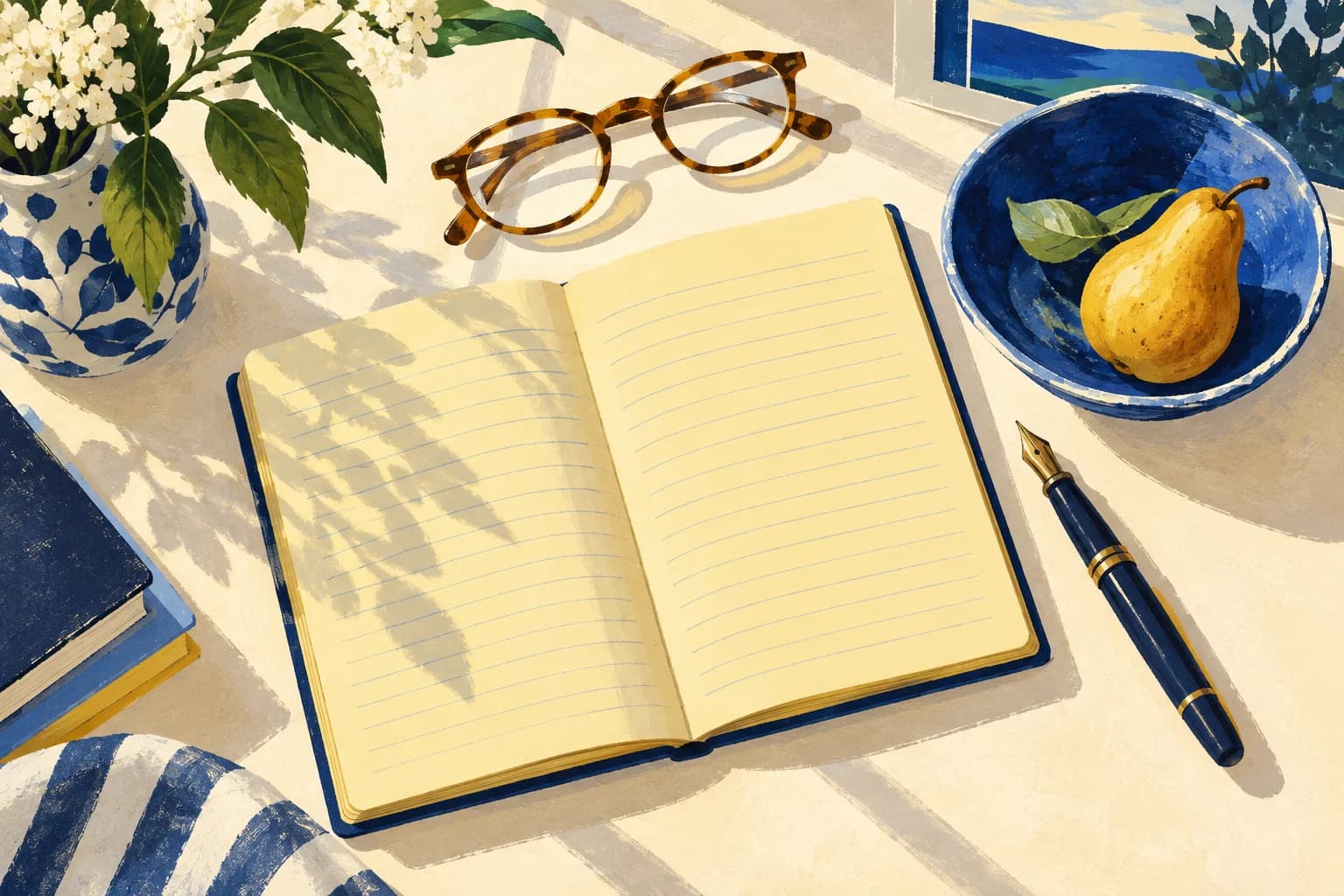 Painted notebook, reading glasses, fountain pen and a pear on a blue dish